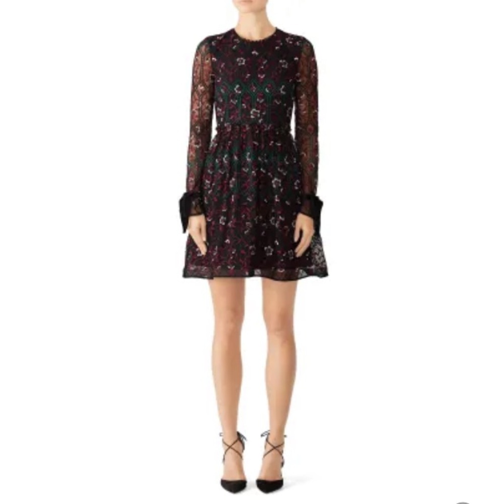 MONIQUE LHUlLLER | Vine Embroidered Velvet Bow Trim Dress